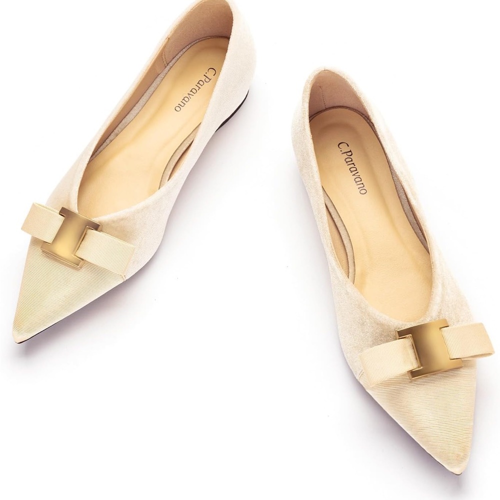 C. Paravano Cream Velvet Pointy Toe Bow Flats